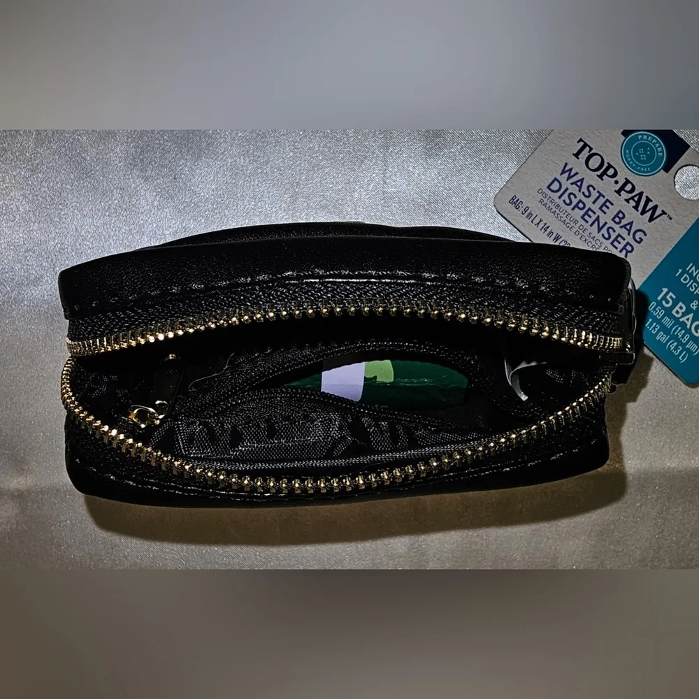Top Paw Faux Leather Black Zippered Waste Bag Dispenser with Gold Hardware
